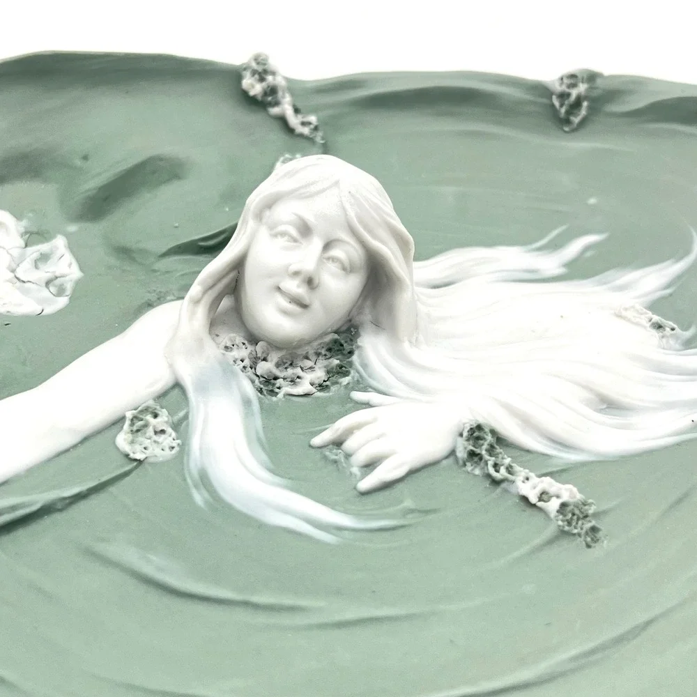 Art Nouveau Ceramic Maiden Lily Pad Tray Sage Green White Sculptural Relief 8.5